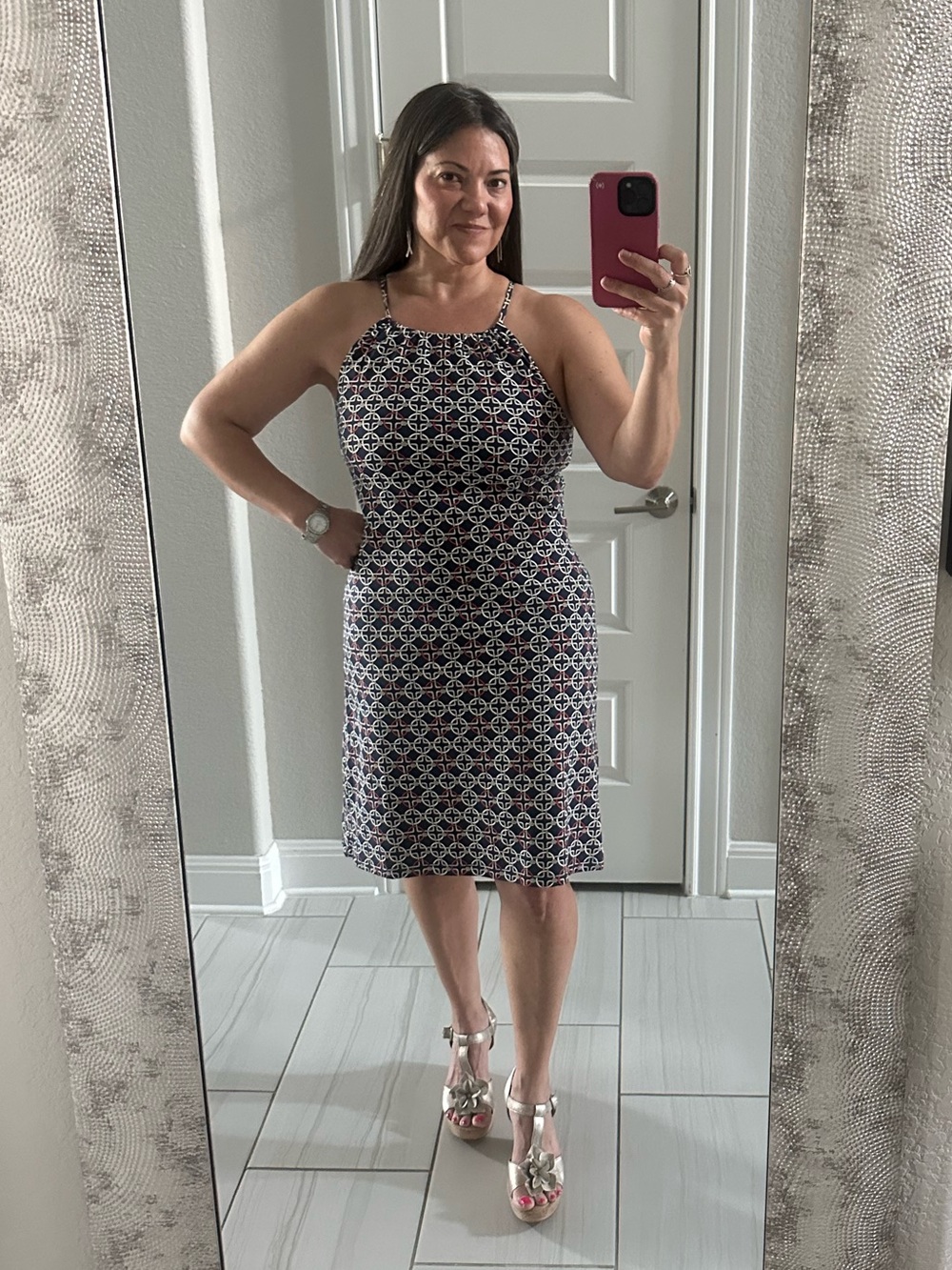 J. McLaughlin Navy Chain Print Sleeveless Dress | Size M | Pockets | Stretch